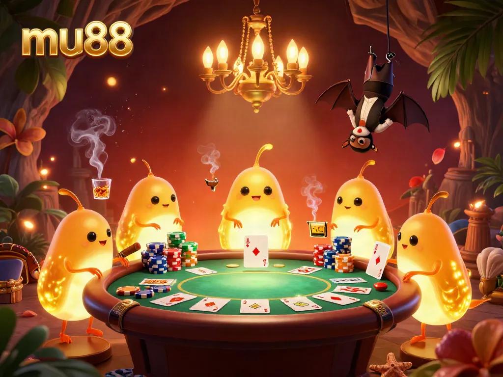 Experience the vibrant mu88 casino scene with glowing characters and festive poker elements.