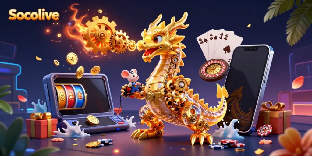 Socolive platform showcasing a vibrant golden dragon and engaging casino elements in 3D