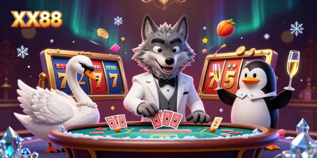 Experience thrilling gameplay with XX88 in a vibrant 3D casino scene featuring characters engaging with slot games.