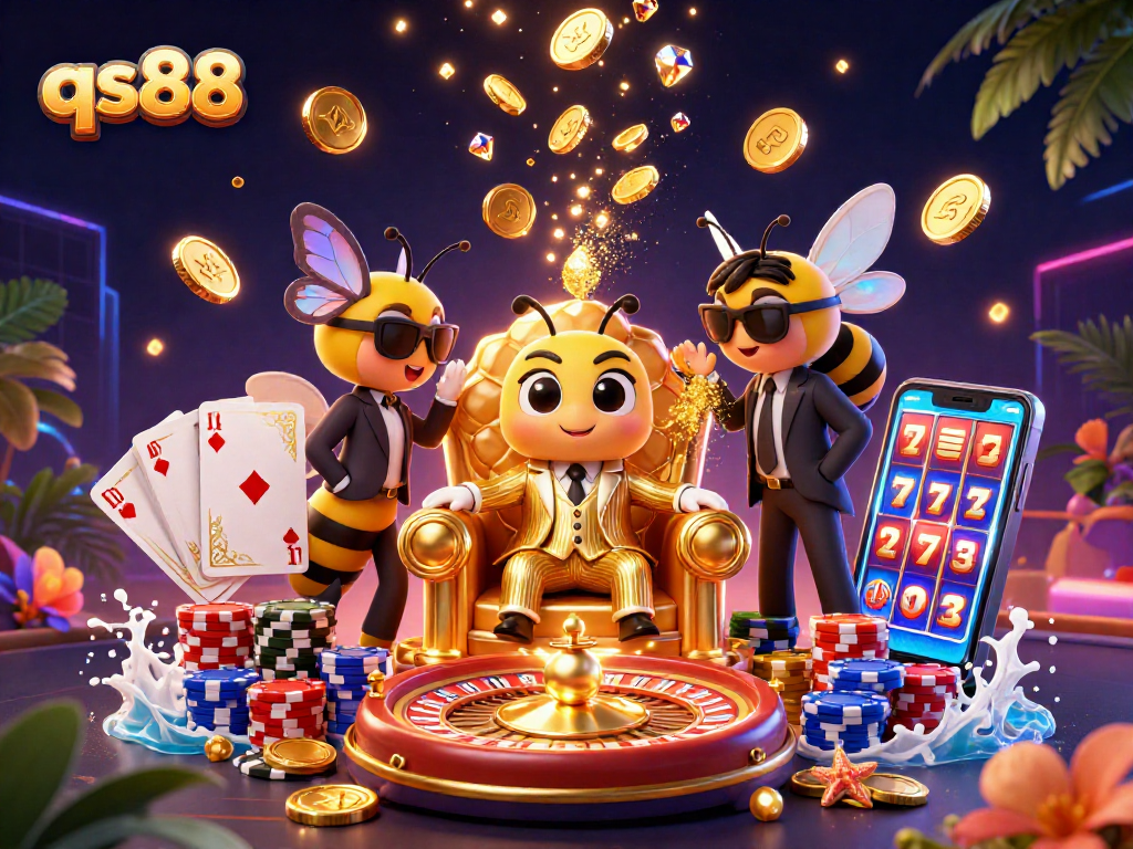 Experience thrilling gameplay at qs88 casino, featuring a vibrant 3D bumblebee mob boss and exciting gambling elements.