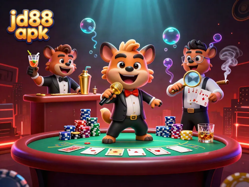 Experience the excitement of jd88 apk with 3D hyenas in a lively casino scene, mixing drinks and telling jokes.