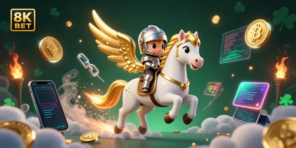 Experience thrilling adventures with 8K BET as a celestial knight rides through a vibrant digital gaming universe.