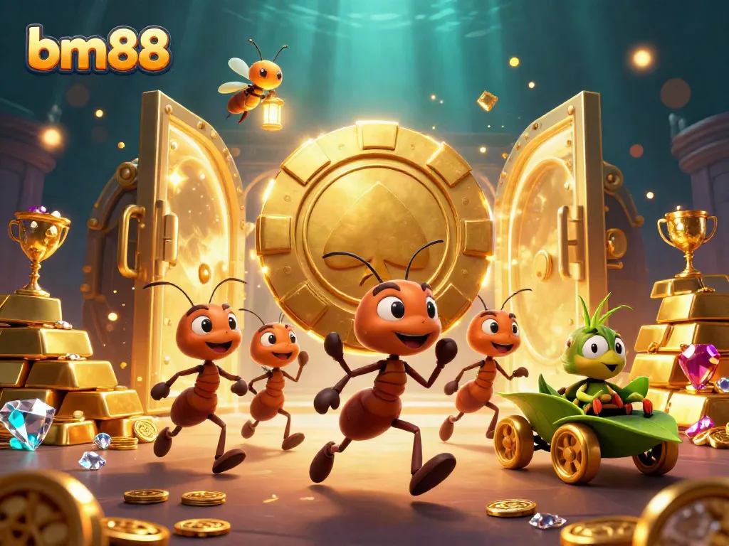 Bettors experience an exciting heist scene with ants carrying a giant poker chip in a vibrant casino.