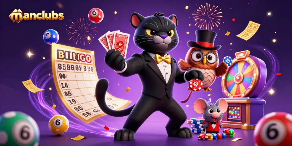 Engage with manclubs through a vibrant scene showcasing a stylish black panther dealer, a wise owl, and a lucky mouse with dynamic casino elements.