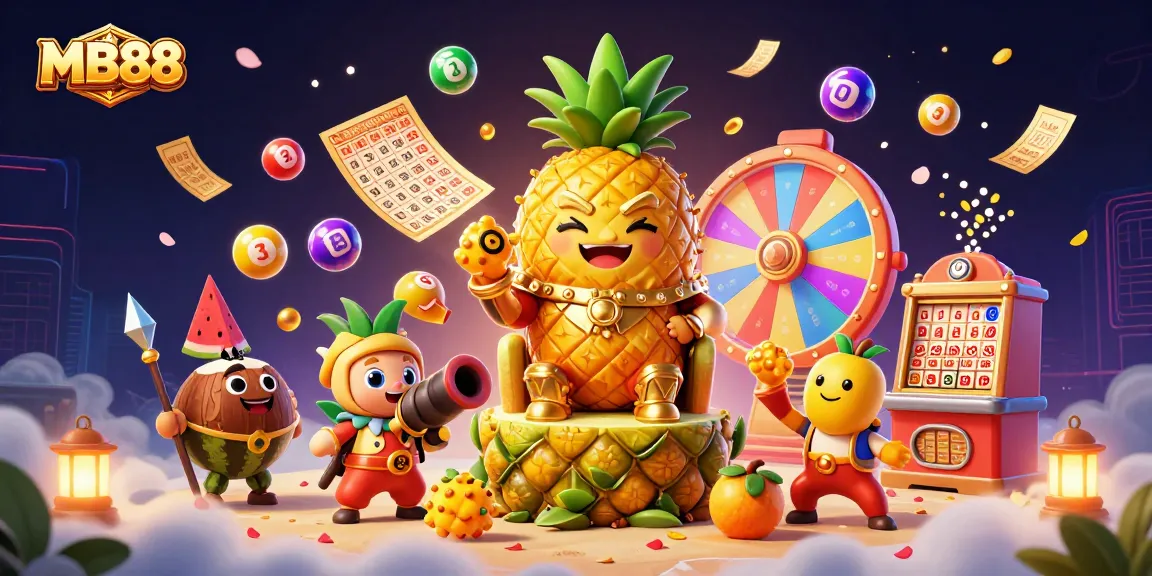 Experience the MB88 gaming adventure with dynamic scenes of luck and excitement, including lottery balls and vibrant casino elements.