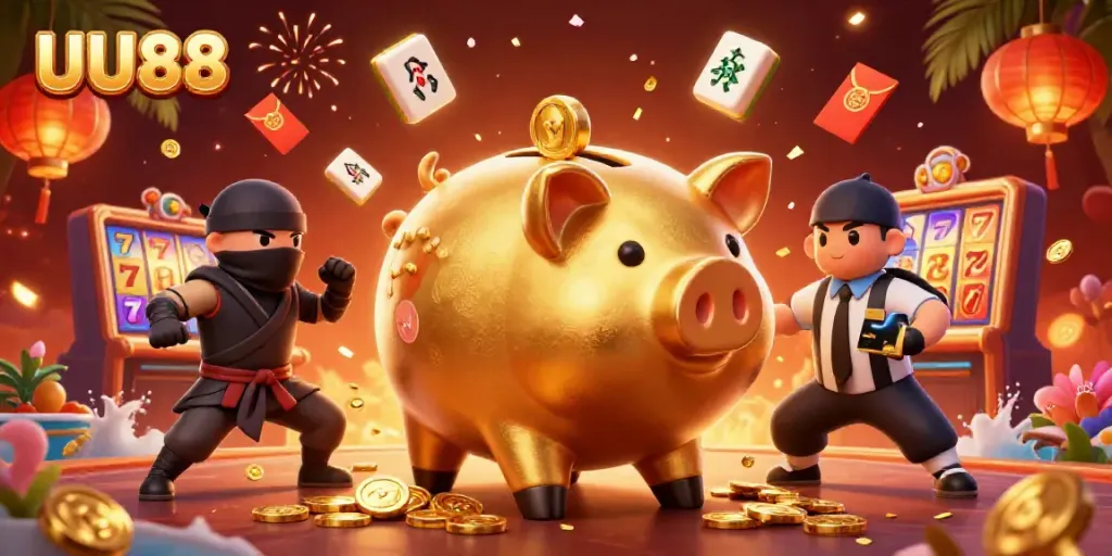 Experience the excitement of UU88 with a dynamic scene of a golden piggy bank sumo wrestler amidst casino elements.