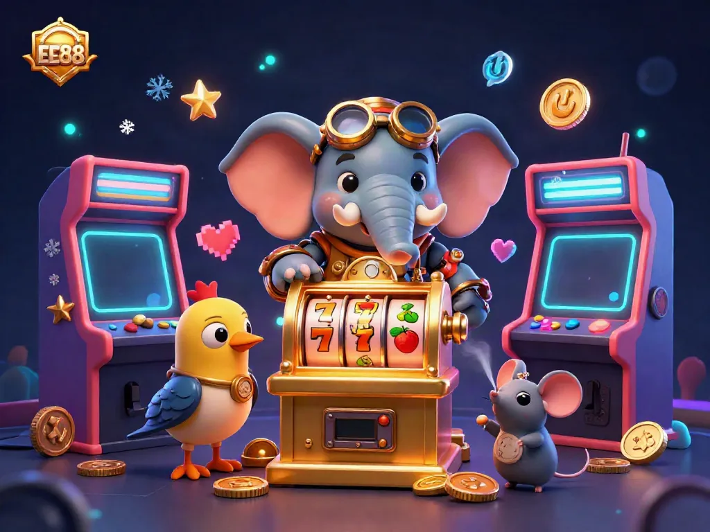 Experience the excitement of EE88 with a vibrant 3D illustration showcasing an engaging slot machine scene.