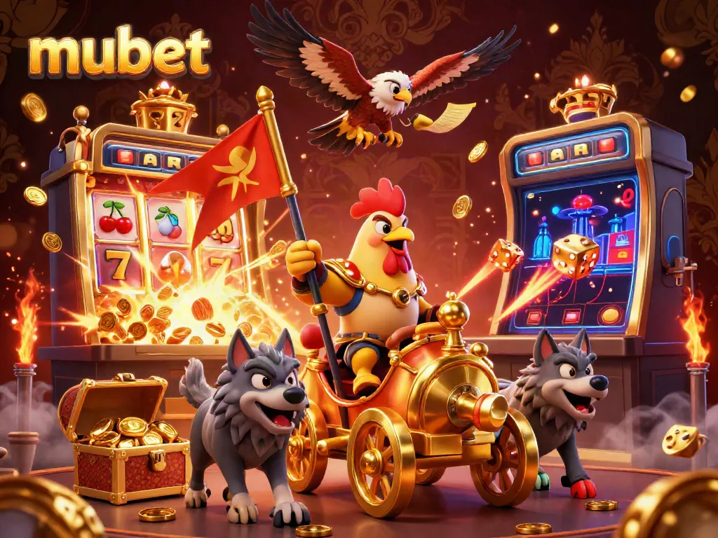 Experience thrilling spins with mubet in a dynamic 3D casino scene featuring a rooster warlord and golden treasures.