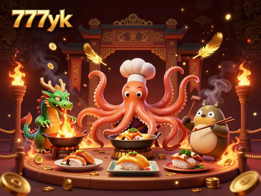 Engage in thrilling gameplay at 777yk with a vibrant scene featuring a sushi chef octopus and dragon.