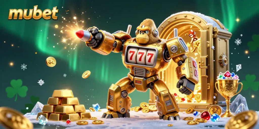 Mubet illustrates a golden gorilla mech with slot machine elements, bursting with coins and gems.