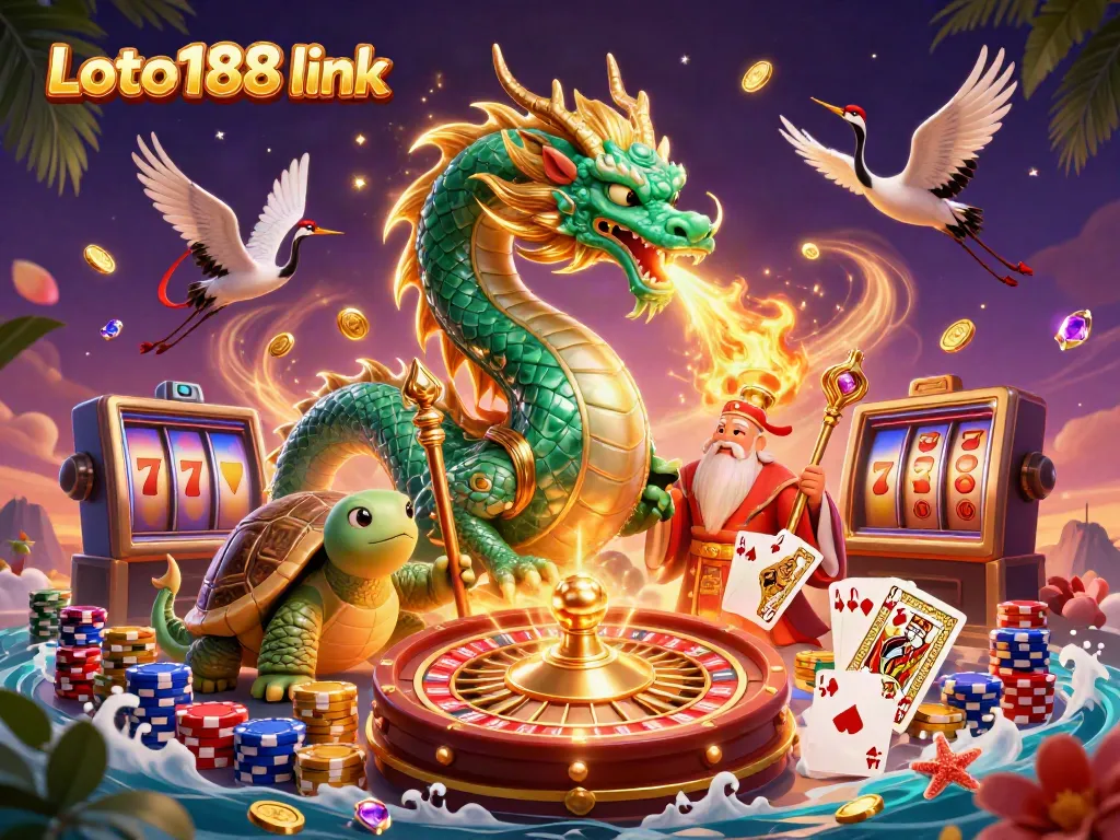 Experience the thrilling Loto188 link with a vibrant scene of casino symbols, including a majestic dragon.