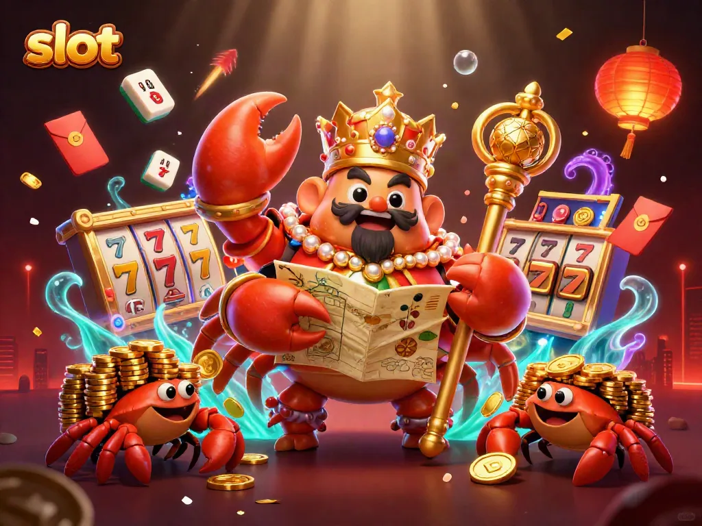Spin the slot reels with excitement alongside a golden crab emperor holding treasures in a vibrant casino scene.