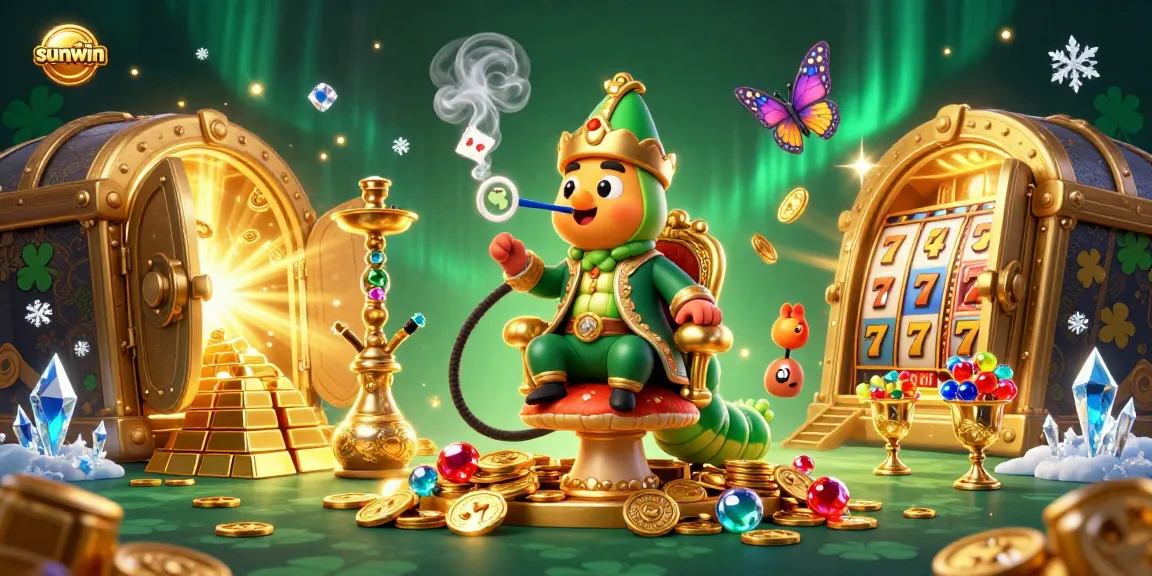 Experience the vibrant sunwin casino atmosphere with an enormous caterpillar in a Turkish sultan outfit.