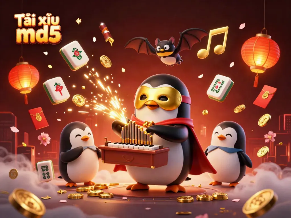 Tài xỉu md5 gameplay featuring a dynamic scene with a penguin playing an organ, golden musical notes, and festive decorations, creating a vibrant casino atmosphere.