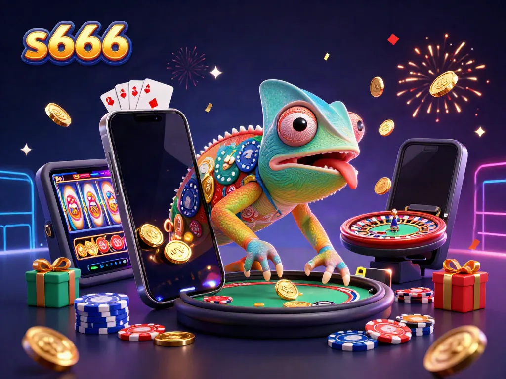 S666 casino illustration showing a colorful chameleon owner amidst slots, poker chips, and gaming elements with festive effects.