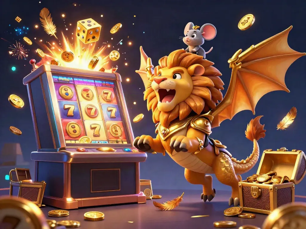 23WIN roaring chimera with mouse jockey amid a jackpot explosion creating vibrant casino game energy.