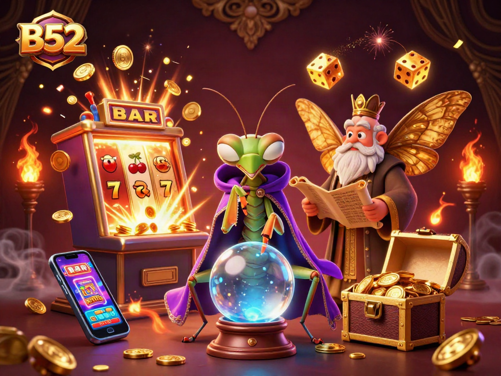 Spin the B52 slot machine and unlock treasures in this vibrant casino scene filled with excitement!