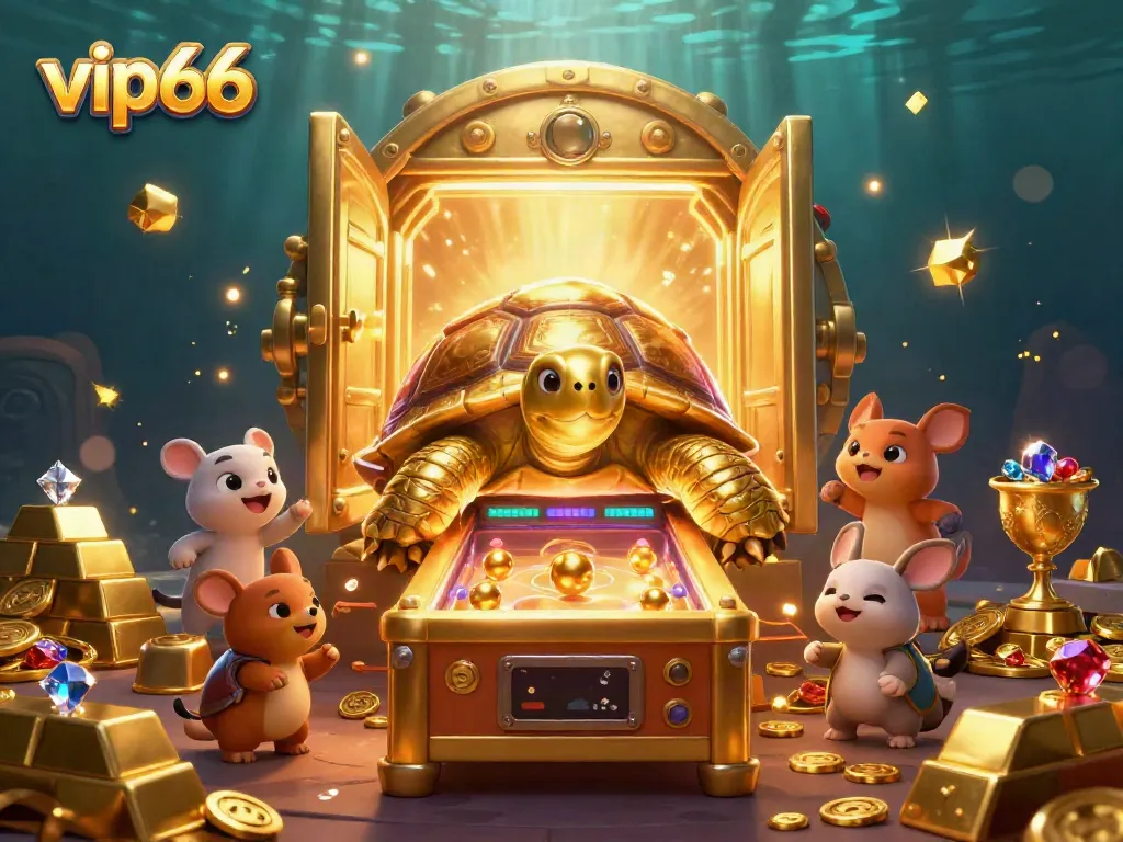 Experience the excitement of vip66 with a dynamic casino scene featuring a colossal golden tortoise and treasure elements.
