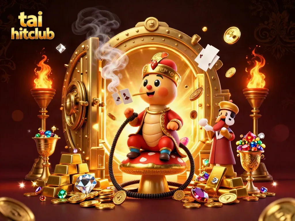 Experience the thrills of tai hitclub with a vibrant 3D illustration showcasing casino symbols and gold.