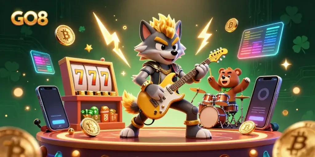 Experience the electrifying energy of GO8 in this vibrant casino scene with a rock star wolf and drummer bear.