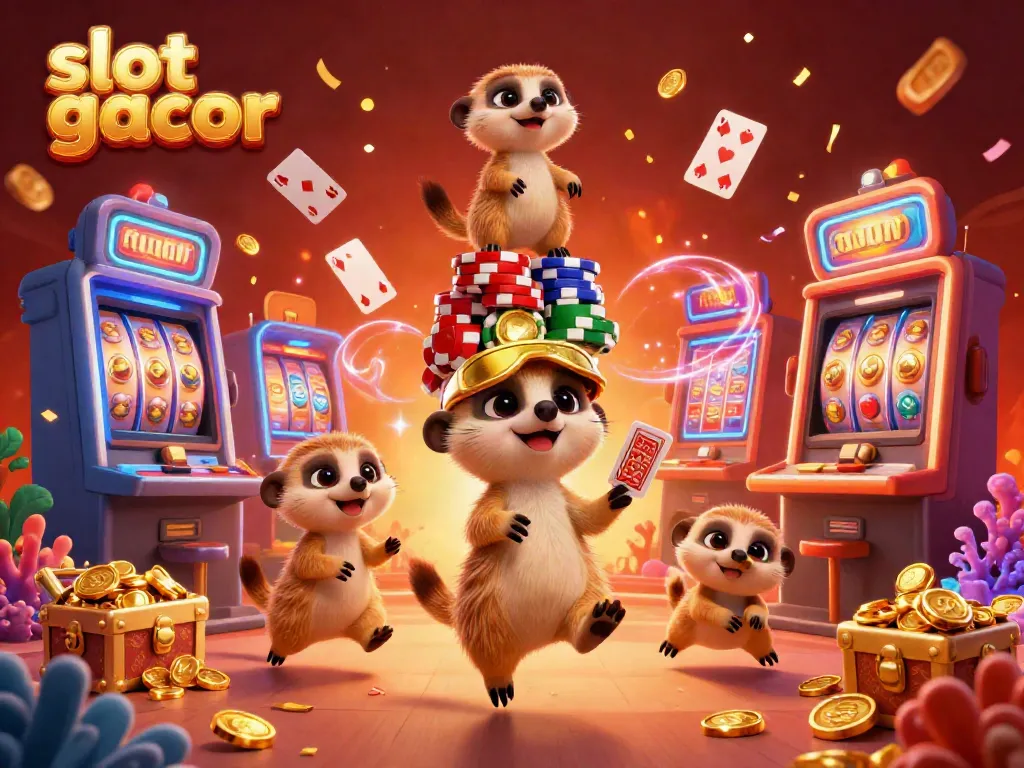 Engage with slot gacor excitement through dynamic meerkats running a vibrant casino scene filled with colorful treasures.