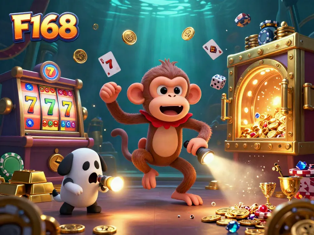 Experience the thrill of F168 with a playful ghost-hunter puppy tracking a mischievous poltergeist monkey in a vibrant casino.