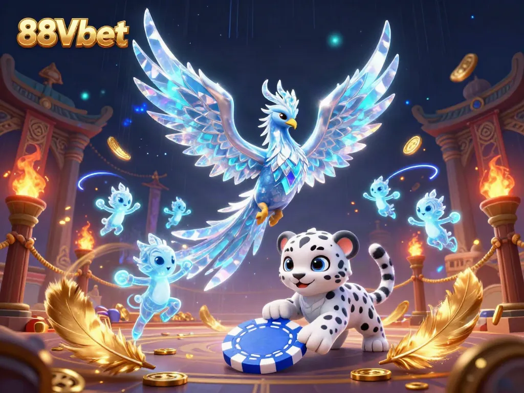 Engage in gaming excitement with 88Vbet featuring an ice phoenix, snow leopard, and glowing sprites.