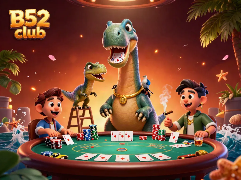 Engage in thrilling gameplay at B52 club with a giant, whimsical brontosaurus and raptor dealer at a poker table.