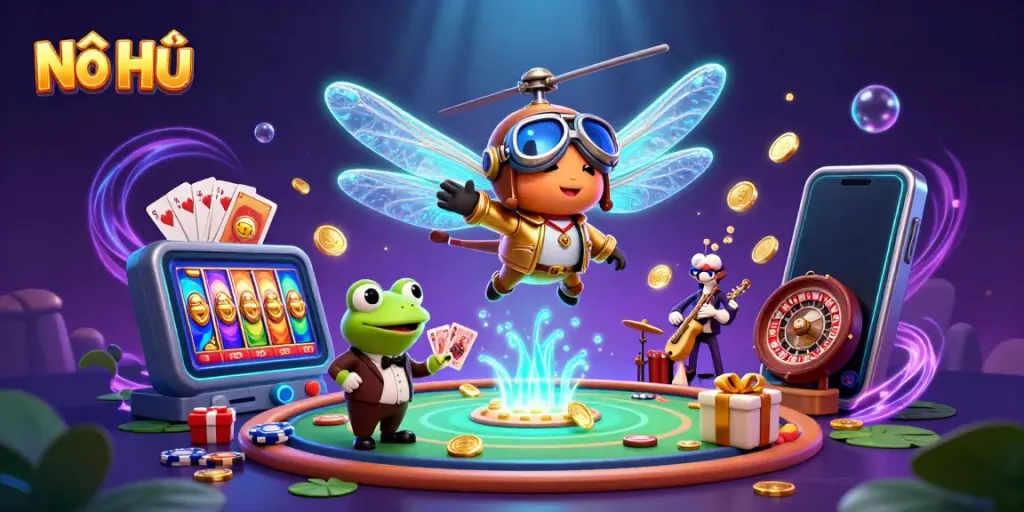 Nổ Hũ gaming scene with a dragonfly pilot, frog dealer, and cricket musicians, depicting vibrant slot action.