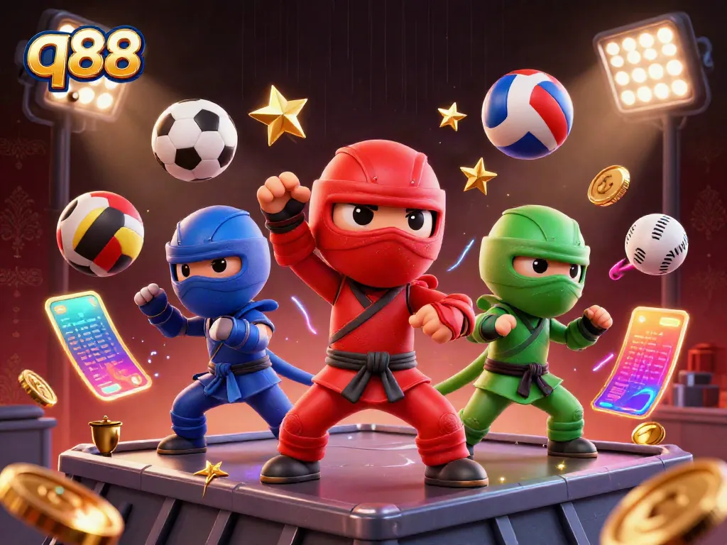 Experience the excitement of q88 with ninja chameleons surrounded by dynamic sports elements and vibrant energy.