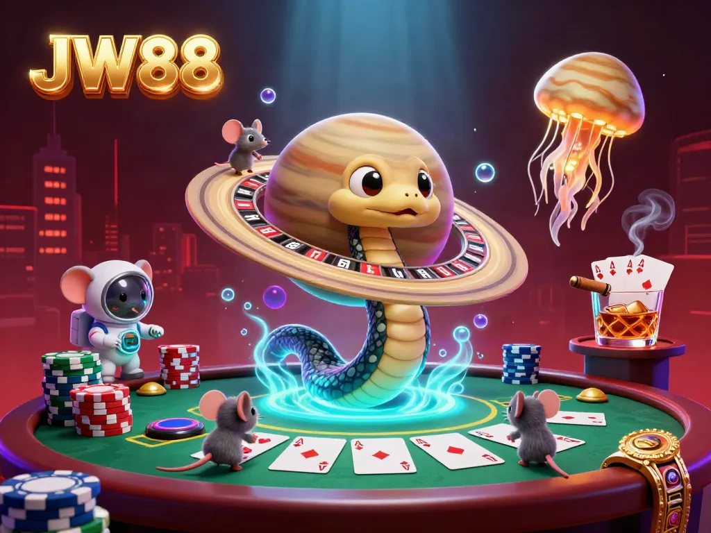 Animate your bets with JW88 as a Saturn ring snake coils in a celestial casino setting.