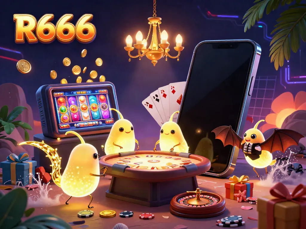 Experience R666 with luminous glowworms lighting a vibrant cave casino, featuring interactive gaming elements.