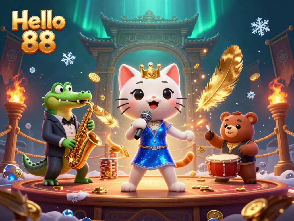 Spin and win with Hello 88 in this vibrant casino scene featuring lively characters.