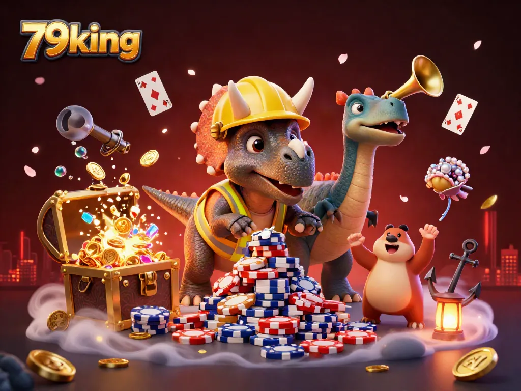 79king features a festive 3D illustration with a triceratops crafting poker chips amidst a vibrant casino scene.