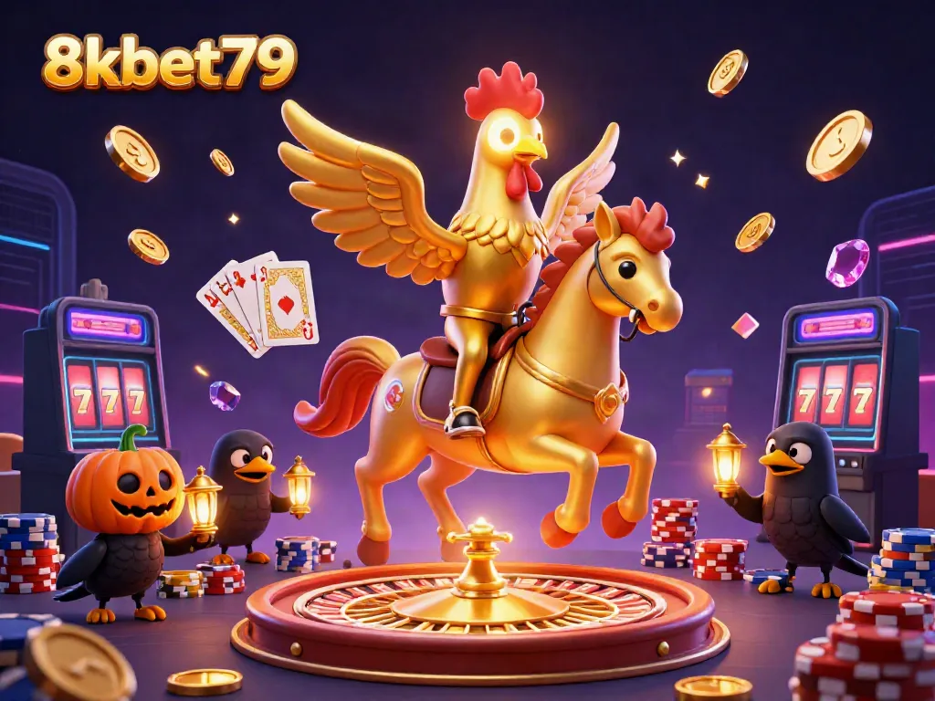Experience thrilling gameplay at 8xbet79 with radiant casino visuals featuring a golden rooster in a midnight scene.