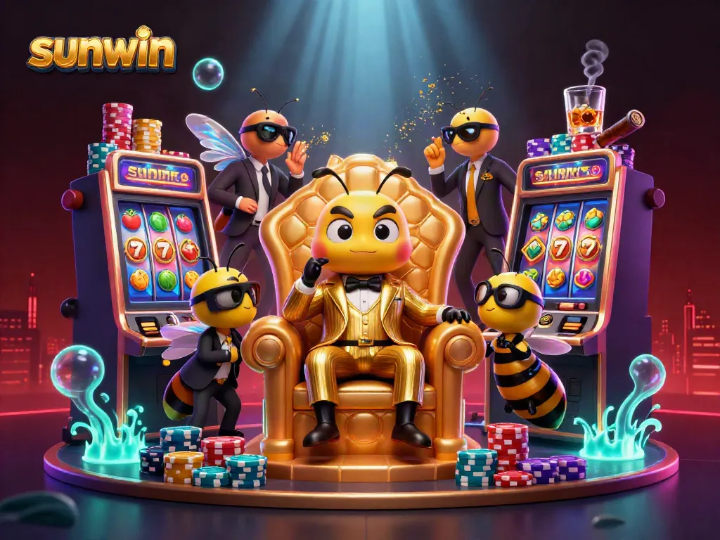 Sunwin showcases an exciting casino scene featuring a bumblebee mob boss and vibrant slot machine action.