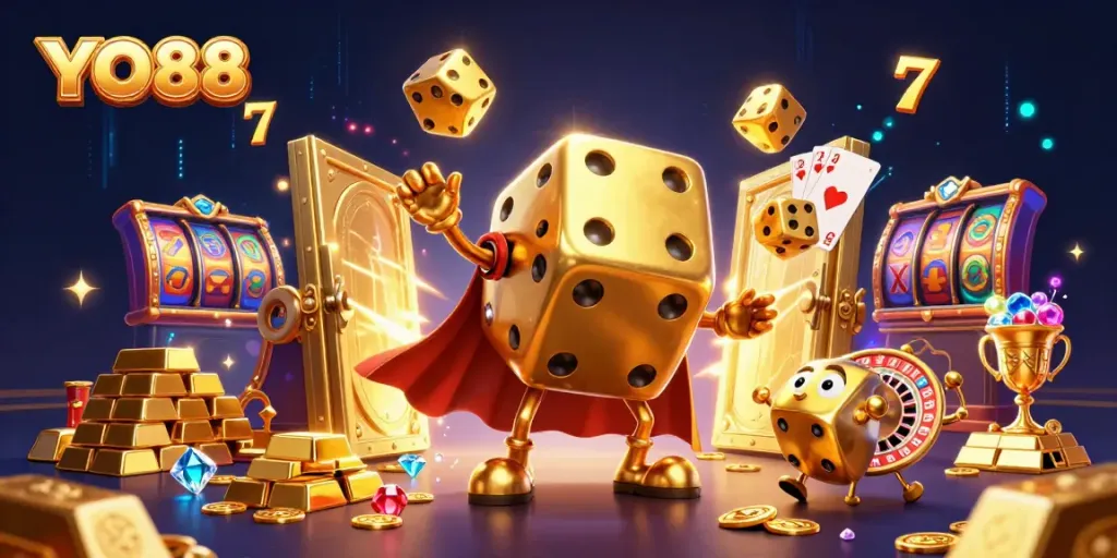Engaging YO88 gaming scene with golden dice juggling alongside vibrant slot symbols and treasures.