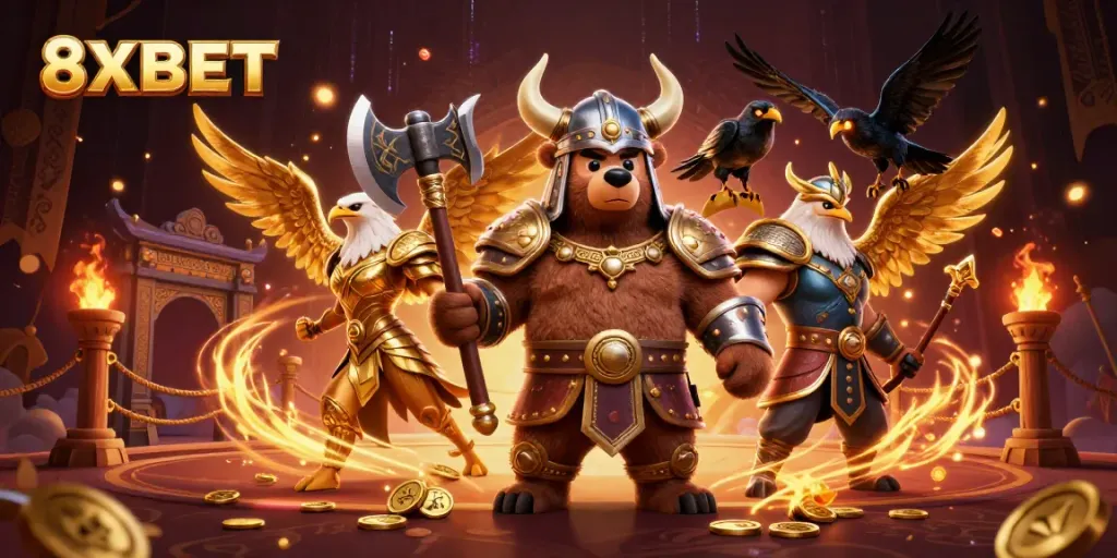 Engage in thrilling gaming action with 8XBET featuring a Viking berserker bear and Valkyrie eagle in a vibrant casino atmosphere.