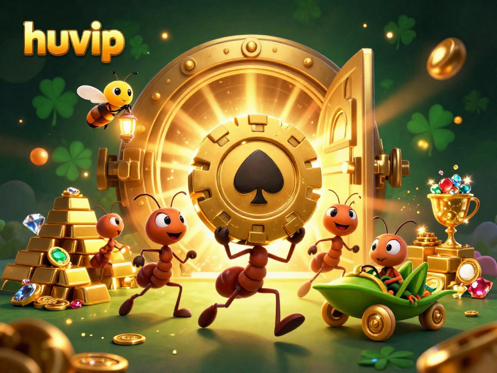 Experience the excitement of huvip with a cartoon heist scene featuring ants and gold treasures.