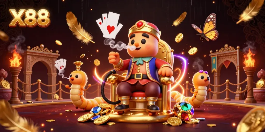 Engage with X88's thrilling casino atmosphere featuring a whimsical caterpillar master amidst poker elements.