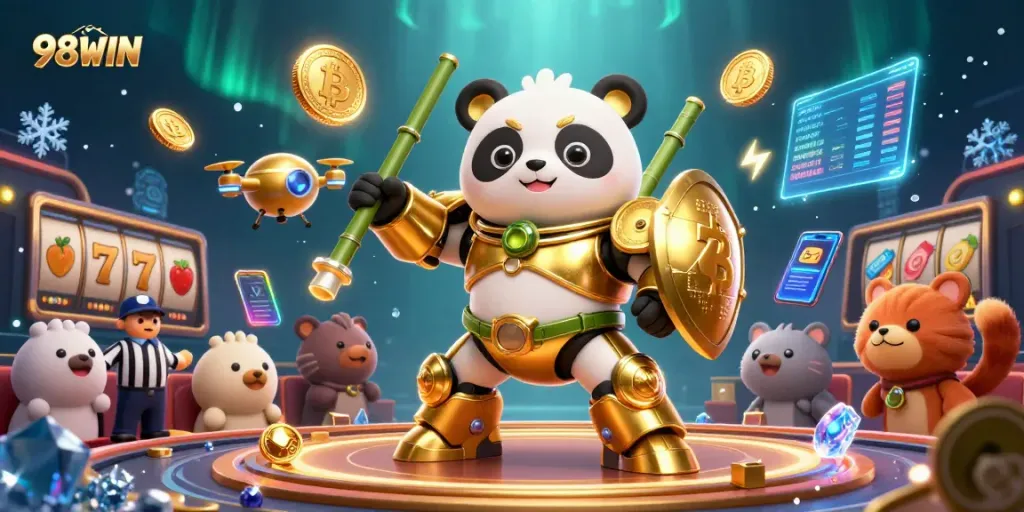 Engage in thrilling casino action with 98WIN featuring vibrant 3D illustrations of slot games.