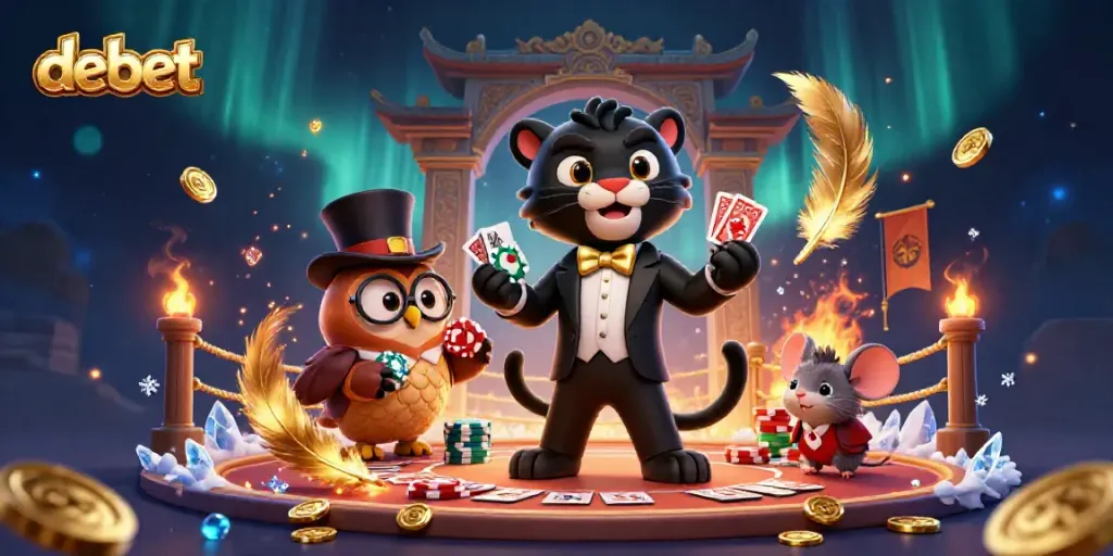 Experience the thrill of debet with a stylish black panther dealing cards, surrounded by festive casino elements.