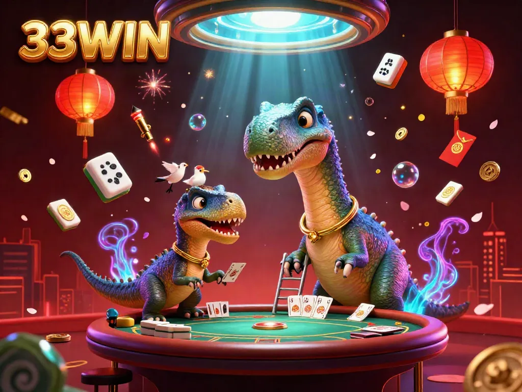 Experience the excitement of 33WIN with a vibrant 3D casino scene featuring amusing dinosaur characters and festive elements.