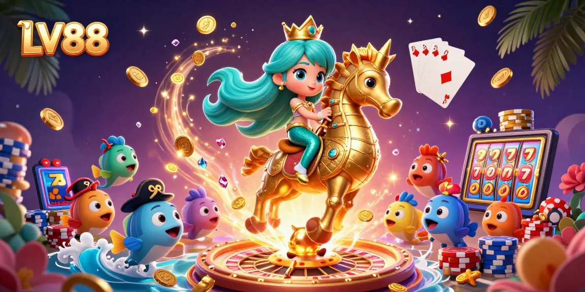 Experience LV88 with vibrant casino-themed mermaids and seahorses amidst sparkling treasures.