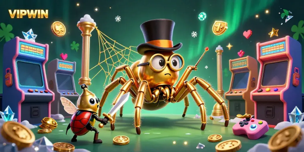 Experience VIPWIN's vibrant casino world with a golden tarantula weaving delightful gaming themes.