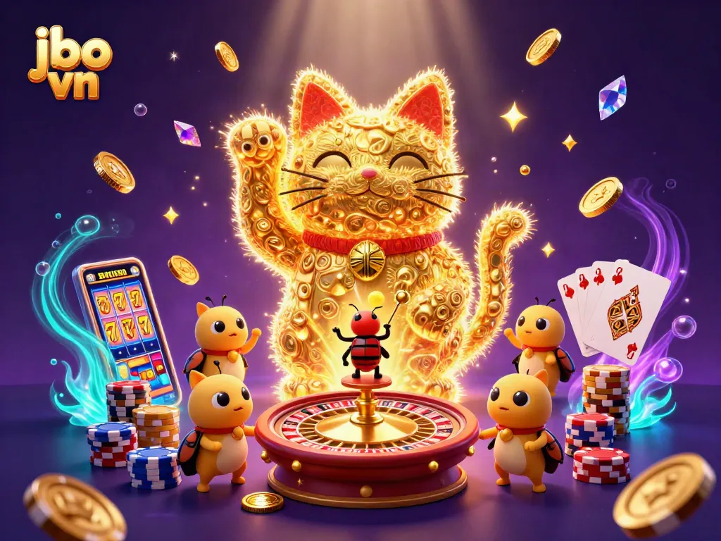 Spin and win at jbo vn with a vibrant scene of a lucky cat and dynamic casino elements.