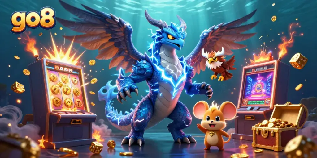 Experience the thrill of go8 with 3D dragon, hawk, and jackpot symbols illuminating the casino scene.