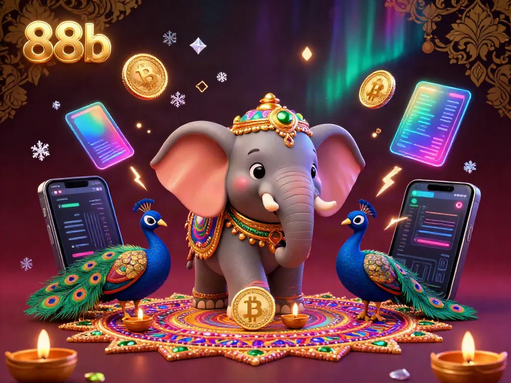 Engage with 88b's vibrant 3D casino scene featuring cryptocurrency elements and festive decorations.