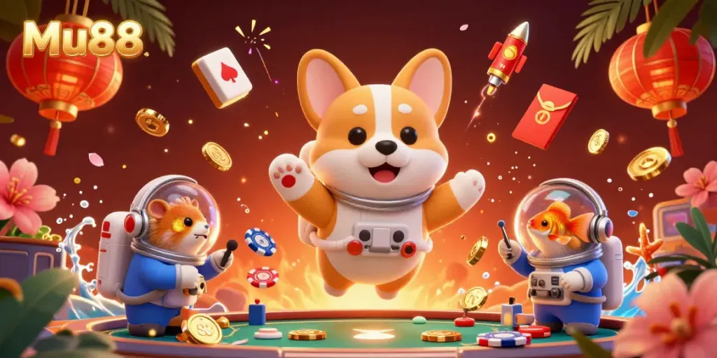 Engage with Mu88’s vibrant casino atmosphere as a playful astronaut corgi floats in space surrounded by dynamic gaming elements.