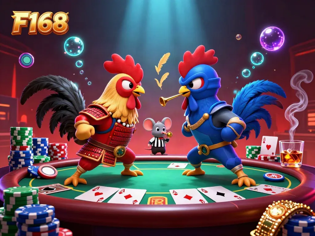 F168-themed 3D illustration with fighting roosters and vibrant casino elements, showcasing poker excitement